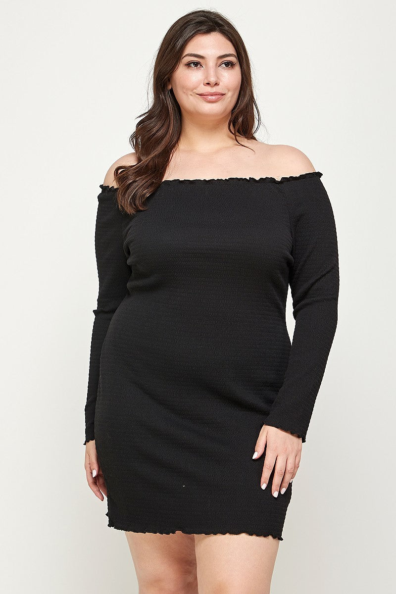 Plus Size, Solid Smocked Off Shoulder Dress Plus Size, Solid Smocked Off Shoulder Dress - kats closet1