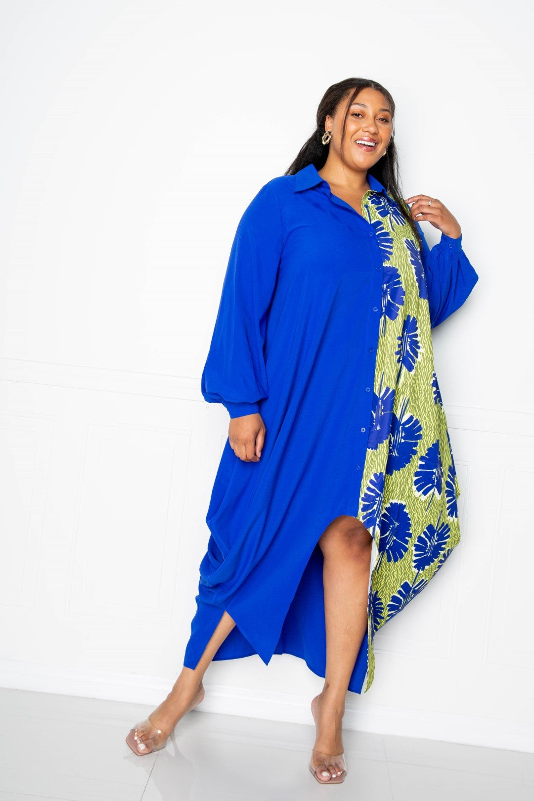 Print Drapy Shirt Maxi Dress Print Drapy Shirt Maxi Dress - kats closet1