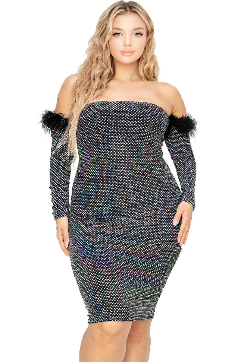 Plus Off Shoulder Feather Trim Detail Sequin Dress Plus Off Shoulder Feather Trim Detail Sequin Dress - kats closet1