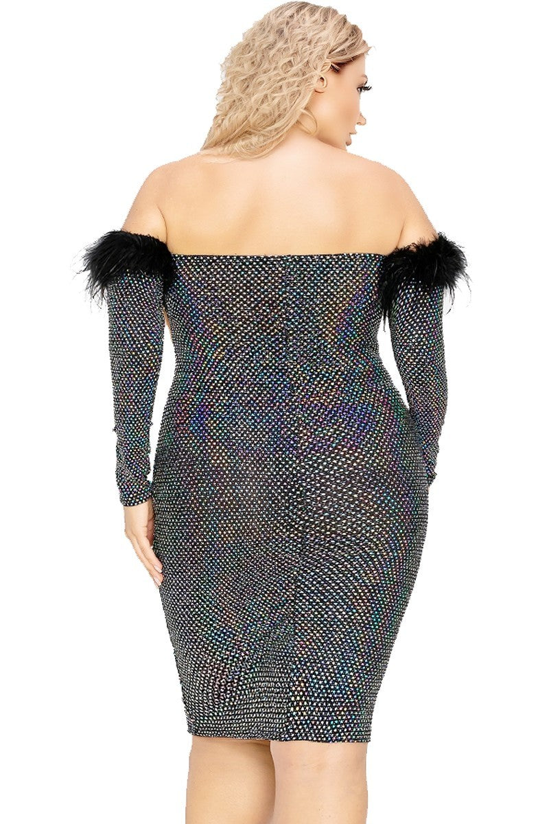 Plus Off Shoulder Feather Trim Detail Sequin Dress Plus Off Shoulder Feather Trim Detail Sequin Dress - kats closet1